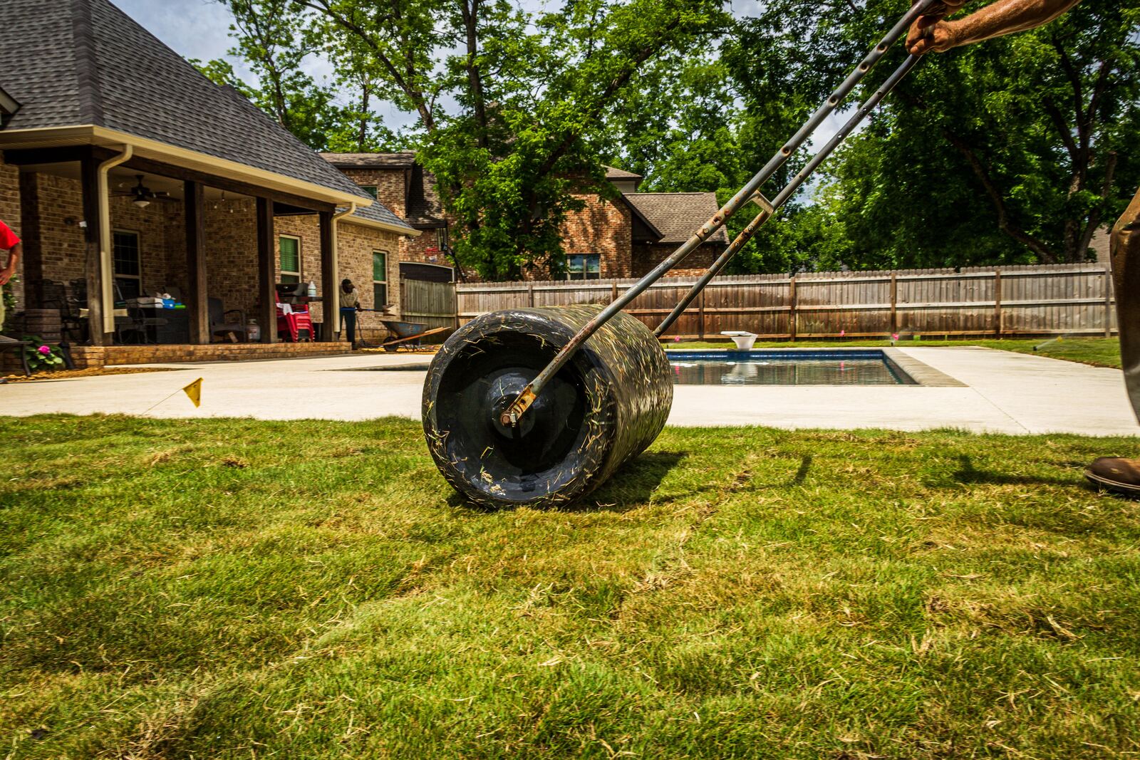 Lawn roller being used as part of turf maintenance